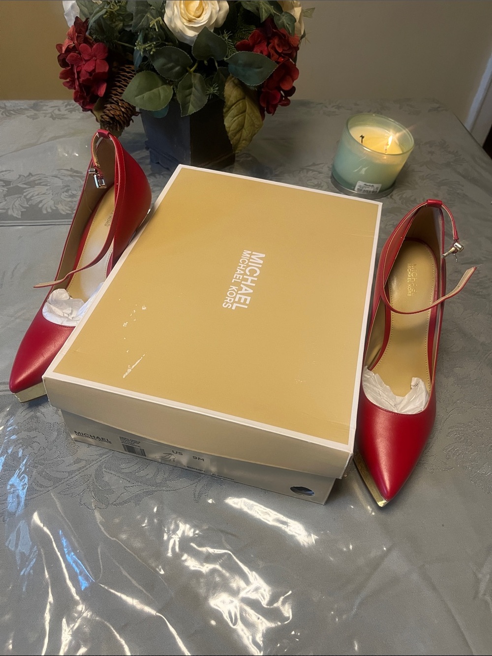 Michael Kors Women's Red Pointed-Toe Mary Jane Heels with Gold Platform(new) - Picture 8 of 8